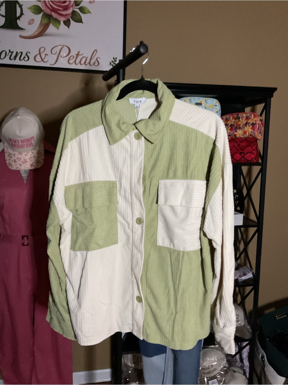Fate Two-Tone Green and White Corduroy Button-Down Shirt